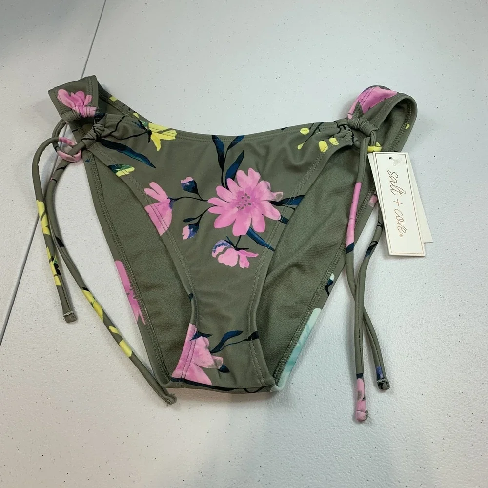 Salt & Cove Junior's Swim Bikini Bottom L Green Floral Side Tie String Beach